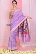 Very Much Indian Handloom Pure Cotton Paithani With Handwoven Pallu -Lilac | Grocsy