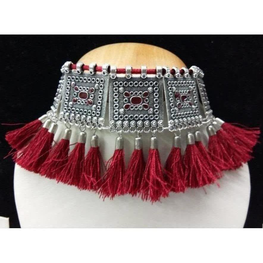 MS Fashion India Modern Threaded Oxidized Maroon and Silver Necklace | Grocsy