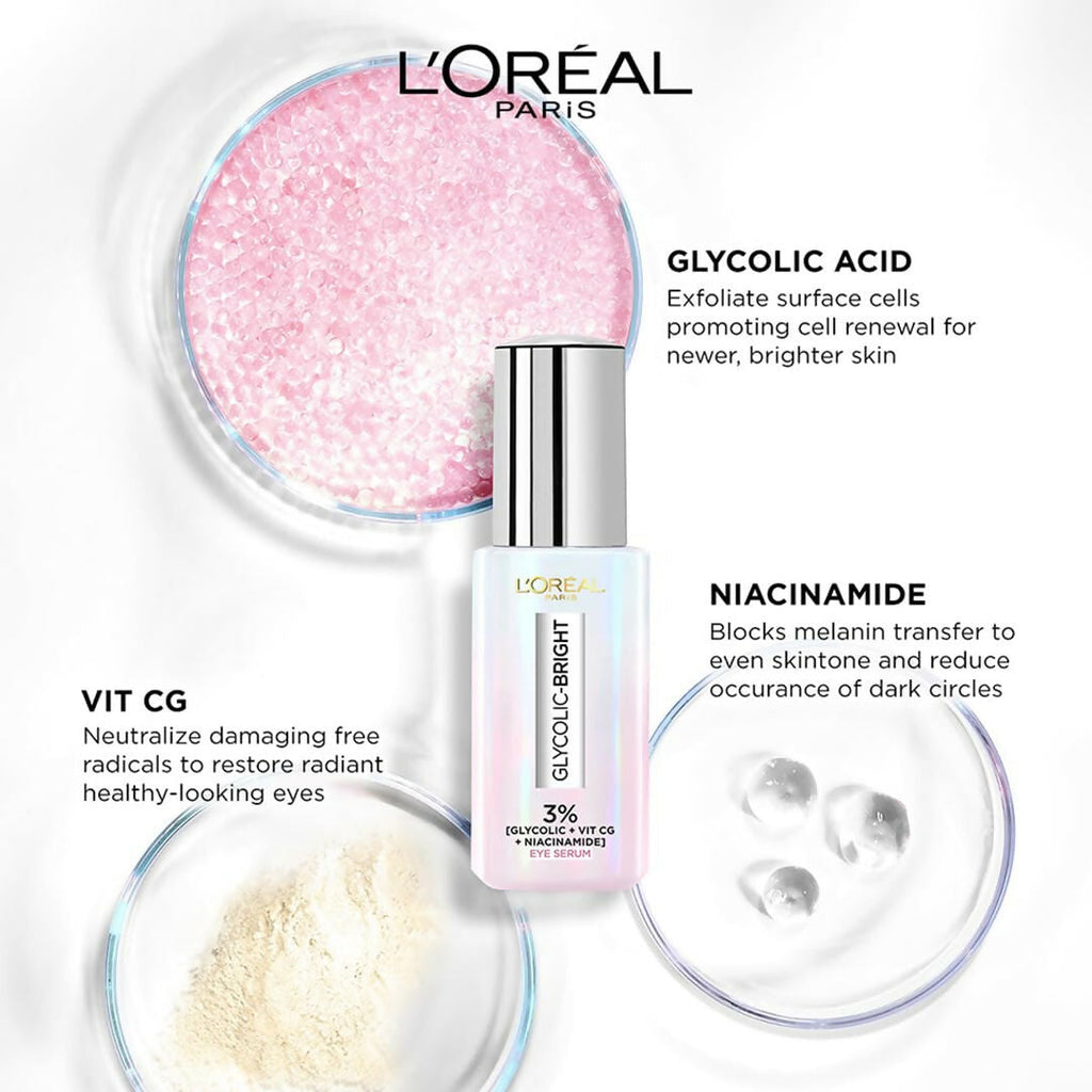 L'Oreal Paris Glycolic Bright Dark Circle Eye Serum With 3% [Glycolic + Vit Cg + Niacinamide] | Grocsy