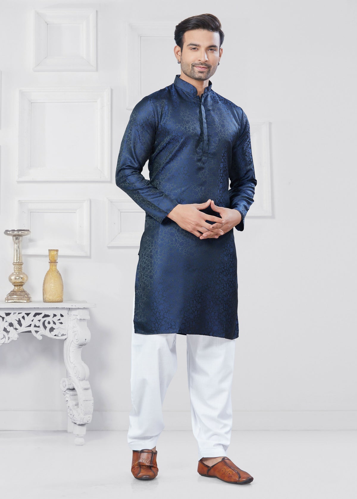 Joban Fashion Men's Jacquard Silk Navy Blue Printed Kurta Pyjama set | Grocsy
