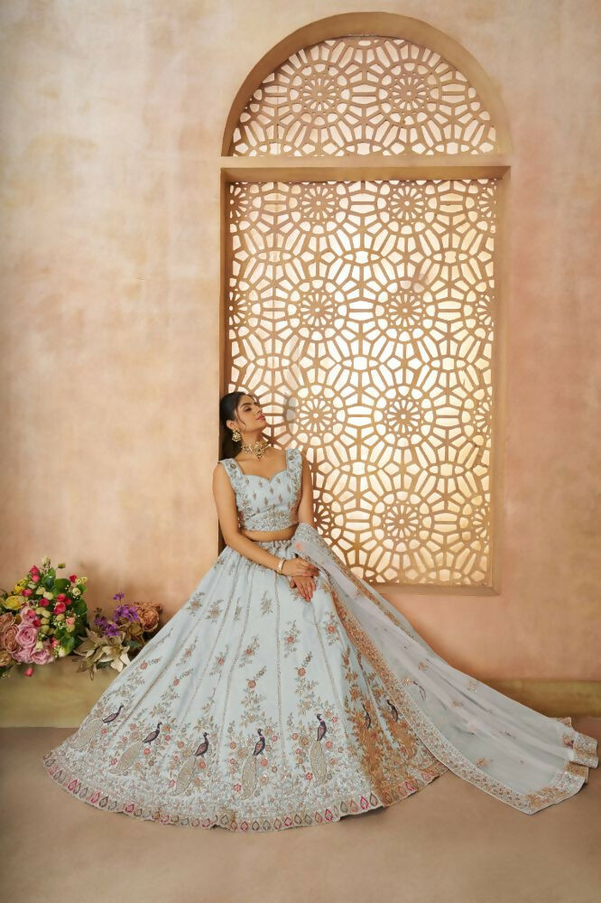 Kesar Fab Sky-Blue Zari Silk Hand_Woven Lehenga | Grocsy