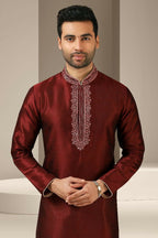Raivat Ethnic Banarasi Art Silk Thread Work Kurta Pajama In Maroon Colour | Grocsy