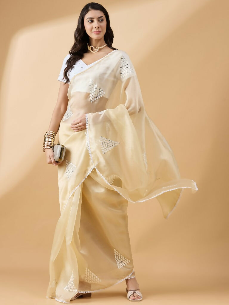 Yellow Tissue Slub Embroidered Saree with Unstitched Blouse - Vairagi | Grocsy
