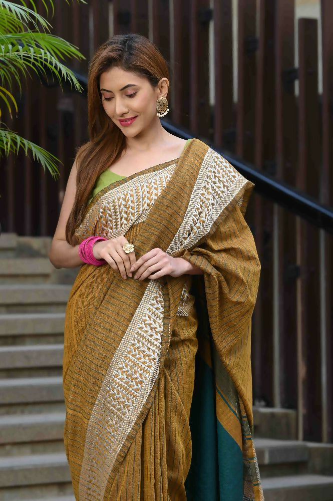 Beatitude Mustard Cotton Jacquard Border Tangail Handloom Saree | Grocsy