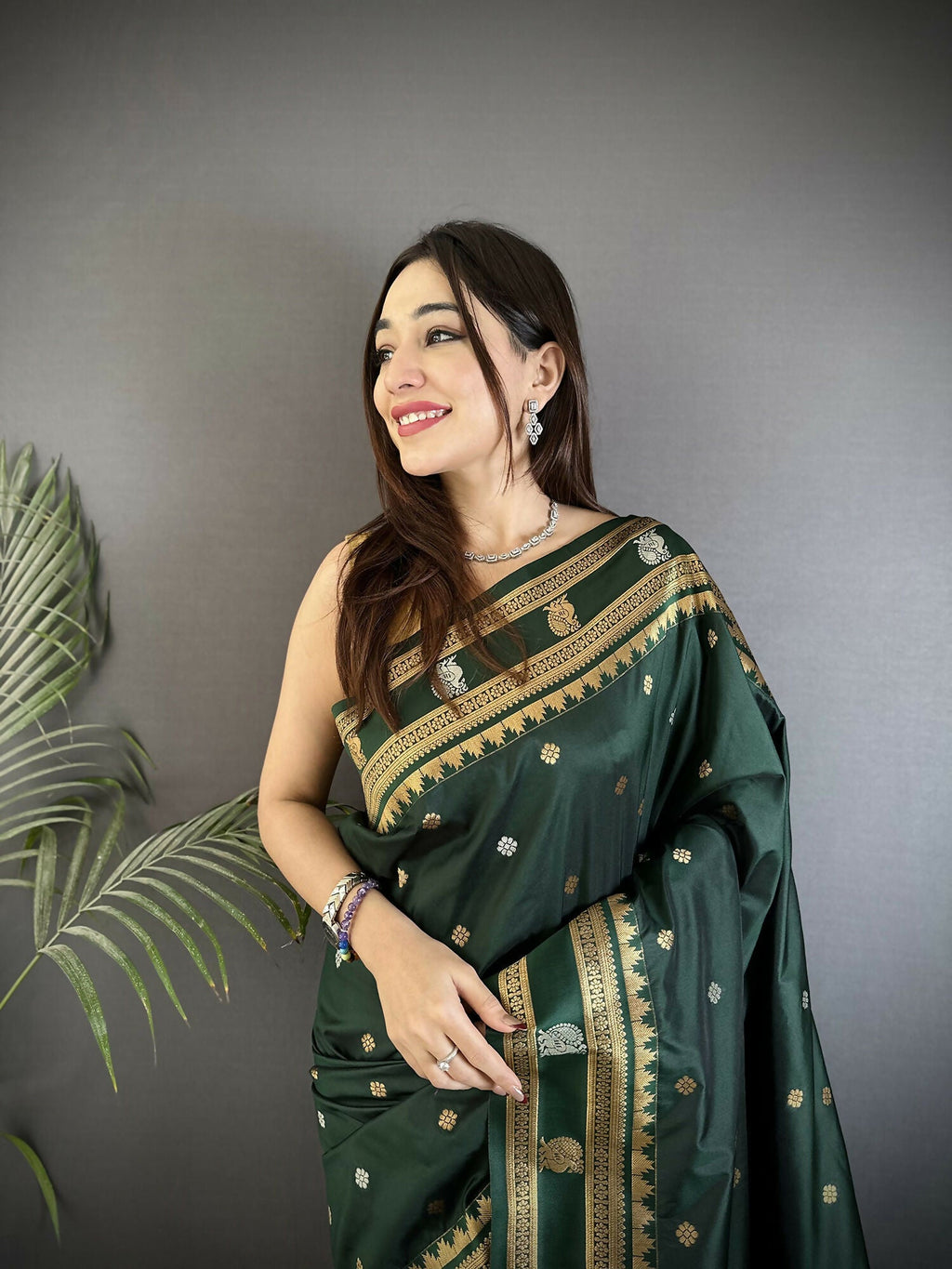 Joban Fashion Dark Green Banarasi Soft Silk Woven Saree | Grocsy