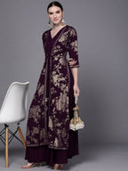 Ahalyaa Women Burgundy Floral Fit & Flare Maxi Ethnic Dress | Grocsy