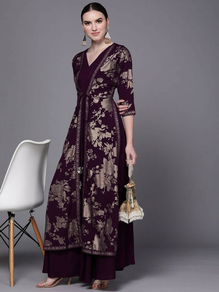 Ahalyaa Women Burgundy Floral Fit & Flare Maxi Ethnic Dress | Grocsy