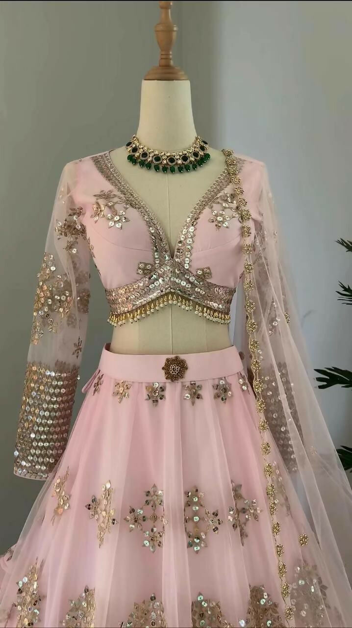Jyoti Fashion Women's Baby Pink Butterfly Net 9MM Sequins with Thread Embroidered Designer Lehenga Choli Set | Grocsy