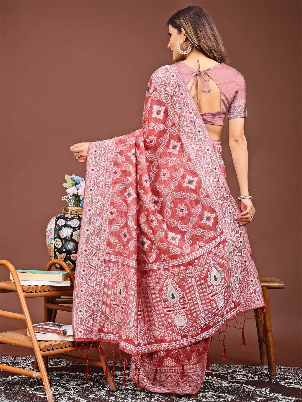 Shree Shyam Fashion Pankhuri Peach Linen Cotton Saree | Grocsy