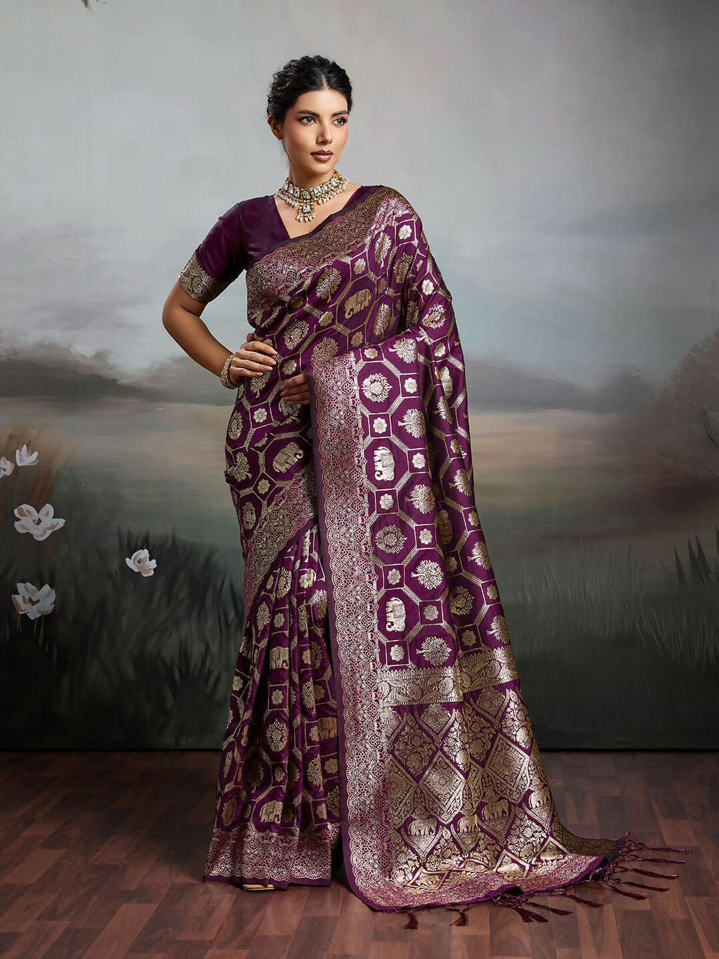 Shree Shyam Fashion Wine Silk Blend Saree | Grocsy