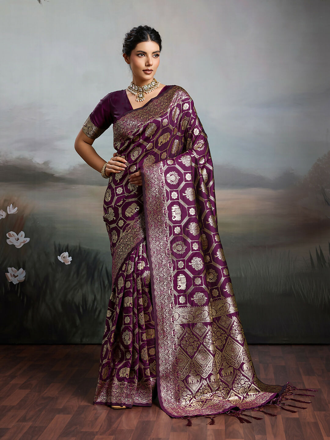 Shree Shyam Fashion Wine Silk Blend Saree | Grocsy