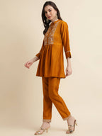 Mustard Chinon Floral Embroidered Top with Bottom - Maanushi | Grocsy