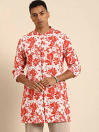 Red & White Men pure Cotton Floral Printed Straight Kurta - Mahotsav | Grocsy