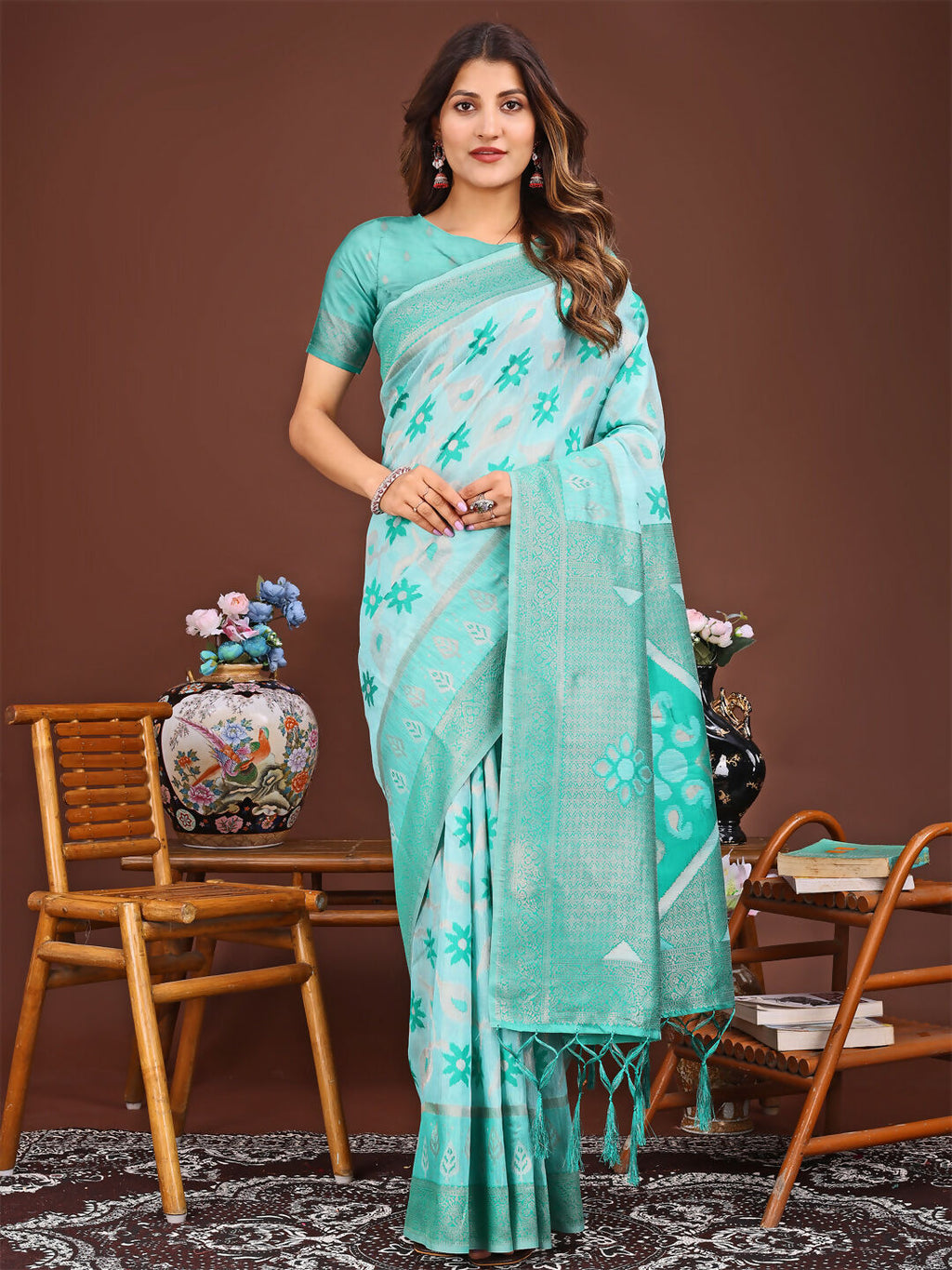 Shree Shyam Fashion Sajni Sea Green Linen Cotton Saree | Grocsy
