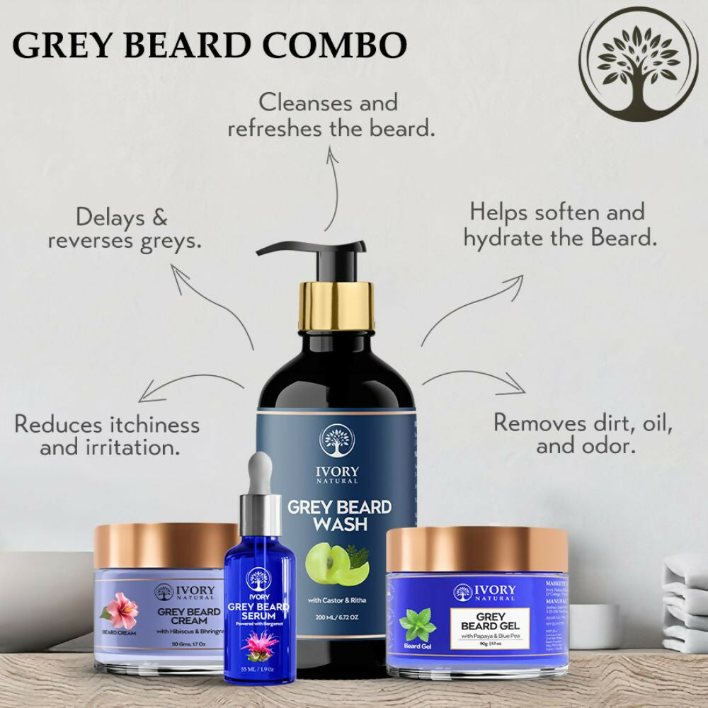 Ivory Natural Grey Beard Combo (Serum, Cream, Wash & Gel) Restore Your Silver Beard To Natural Color | Grocsy