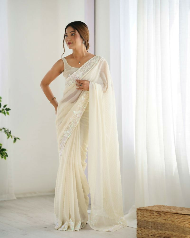 Georgette Designer Sequance Embroidery Work Party Wear Saree - Cream | Grocsy
