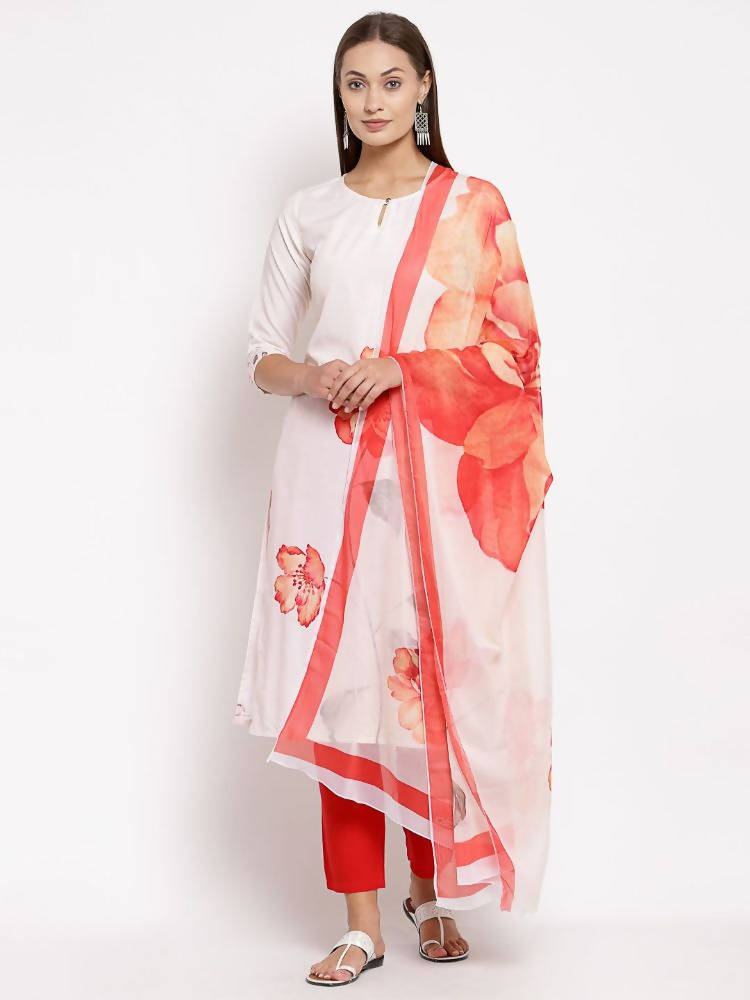 Myshka Women's White Printed Cotton Printed 3/4 Sleeve Round Neck Casual Kurta Pant Dupatta Set | Grocsy