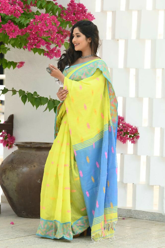Beatitude Yellow Slub Cotton Floral Jamdani Saree | Grocsy