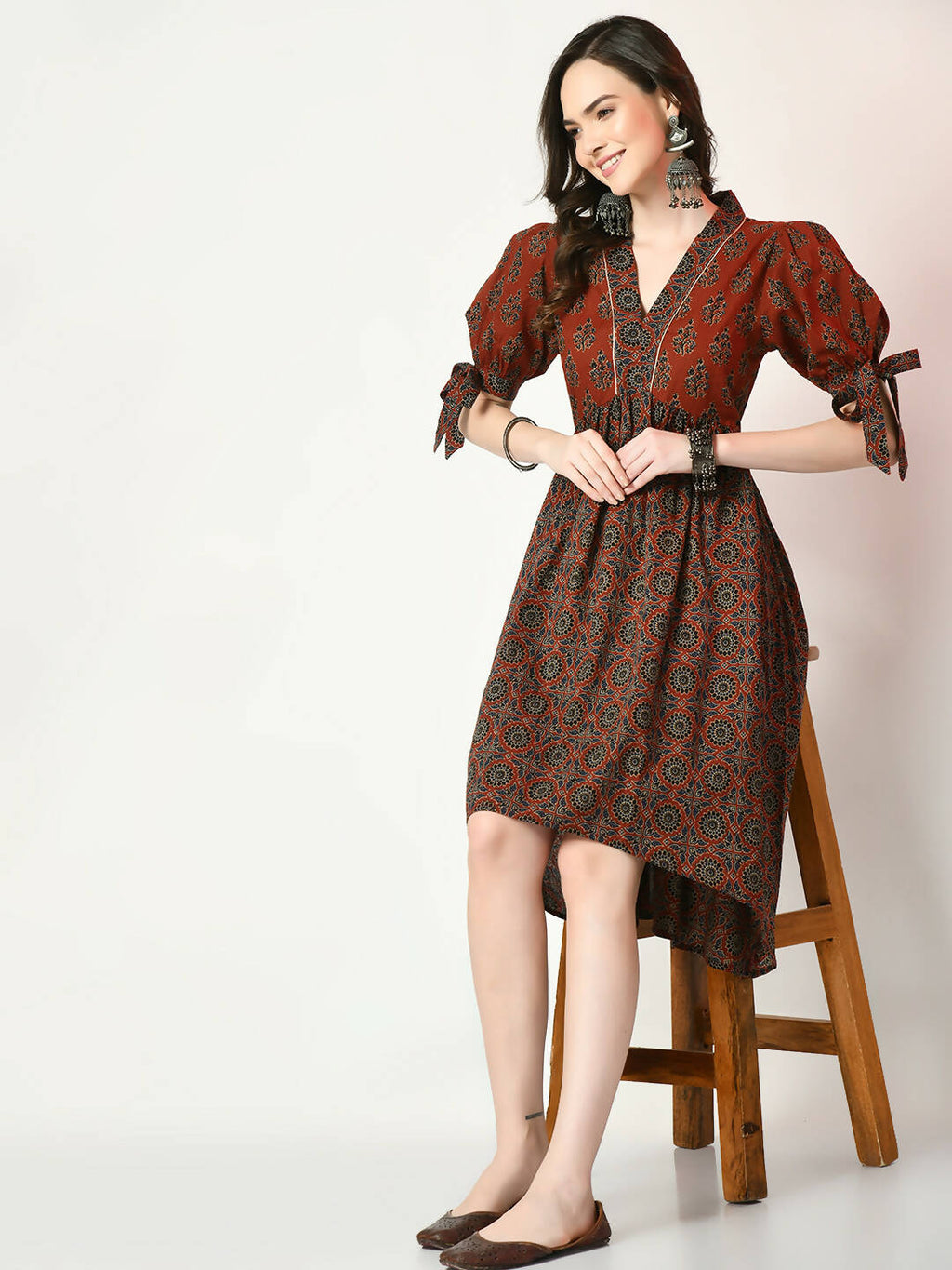 Myshka Women's Rust Empire Printed Dress | Grocsy