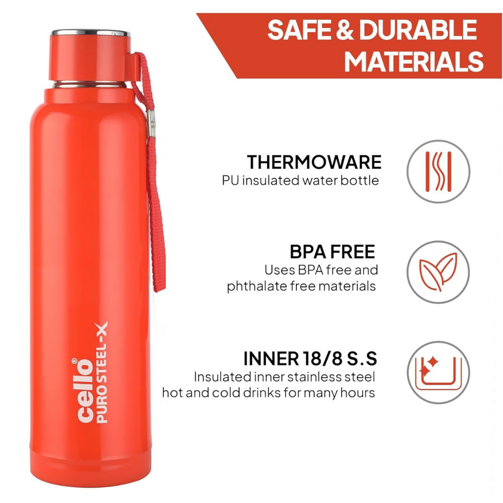 Cello Puro Steel-X Benz 900 Inner Steel Insulated Water Bottle - Red | Grocsy