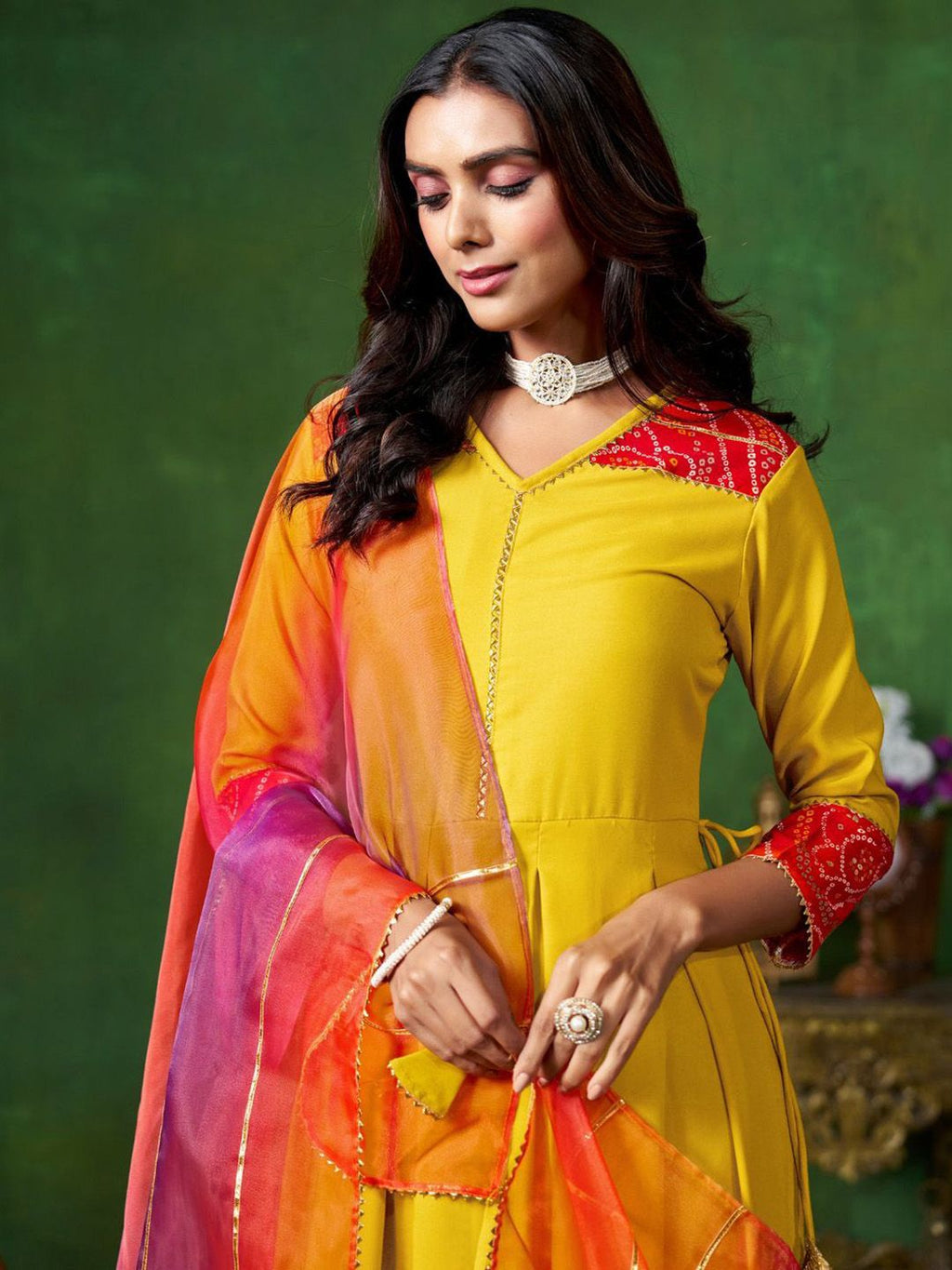 Sangria Yellow V-Neck Three-Quarter Sleeves Regular Gotta Patti Anarkali Kurta & Dupatta | Grocsy