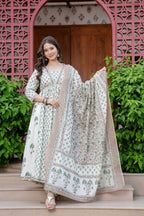 Jaimini Women Cotton Printed V-Neck 3/4 Sleeves Calf Length Flared Kurta Pant And Dupatta Set | Grocsy