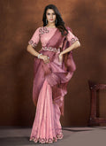 Pink Crepe Satin Silk Embroidered Saree with stitched Blouse - Mohmanthan Saha Saki | Grocsy