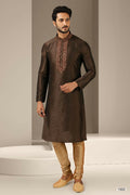 Raivat Ethnic Banarasi Art Silk Mirror Work Kurta Pajama In Brown Colour | Grocsy