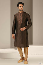 Raivat Ethnic Banarasi Art Silk Mirror Work Kurta Pajama In Brown Colour | Grocsy