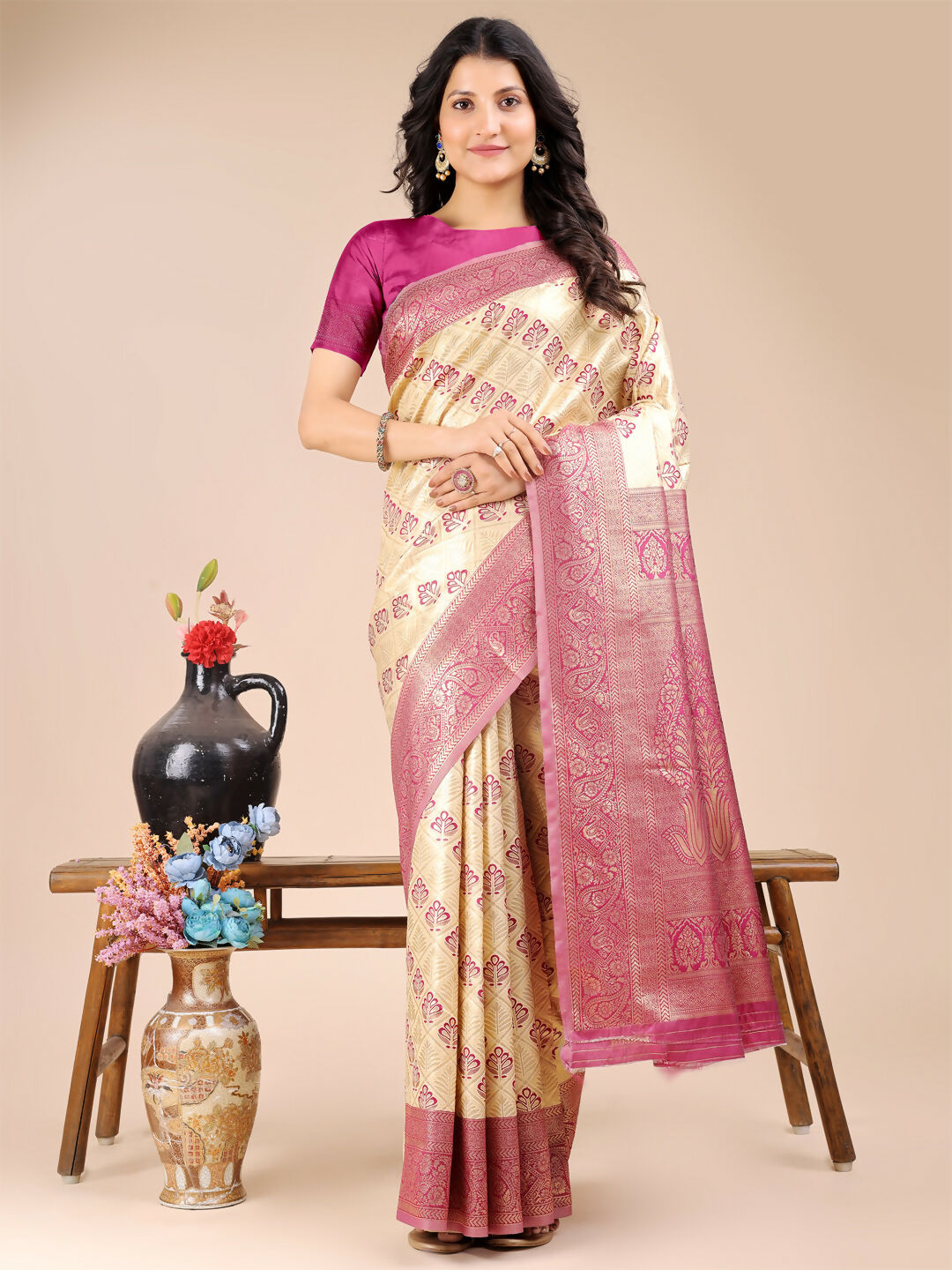 Shree Shyam Fashion Aura Silk Cream Magenta Banarasi Silk Saree | Grocsy