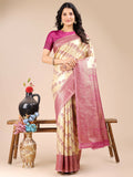 Shree Shyam Fashion Aura Silk Cream Magenta Banarasi Silk Saree | Grocsy