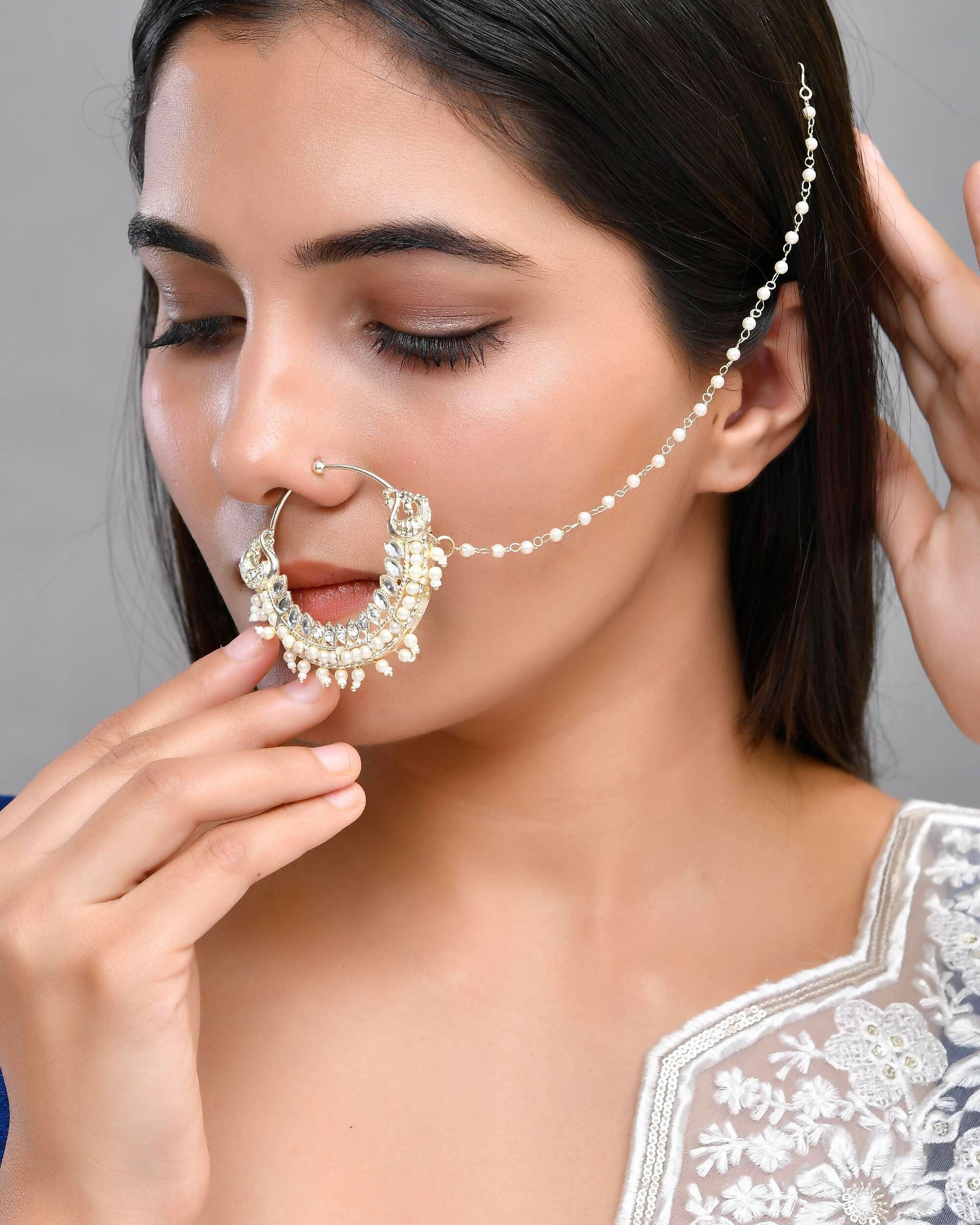 VOJ Gold-Polished With Pearl Indian Nose Pin | Grocsy