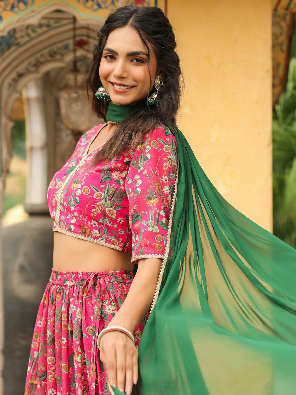 Janasya Pink Georgette Floral Lehenga Choli Dupatta | Grocsy