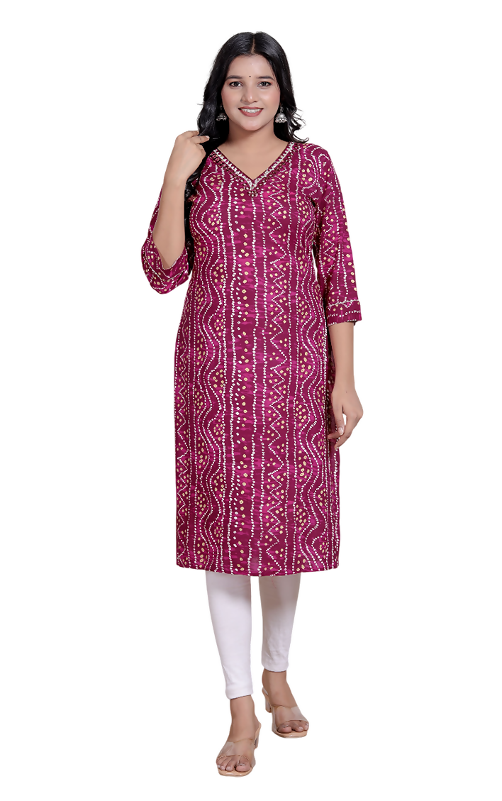 Miravan Womens Magenta Bandhej Printed Rayon Kurti | Grocsy