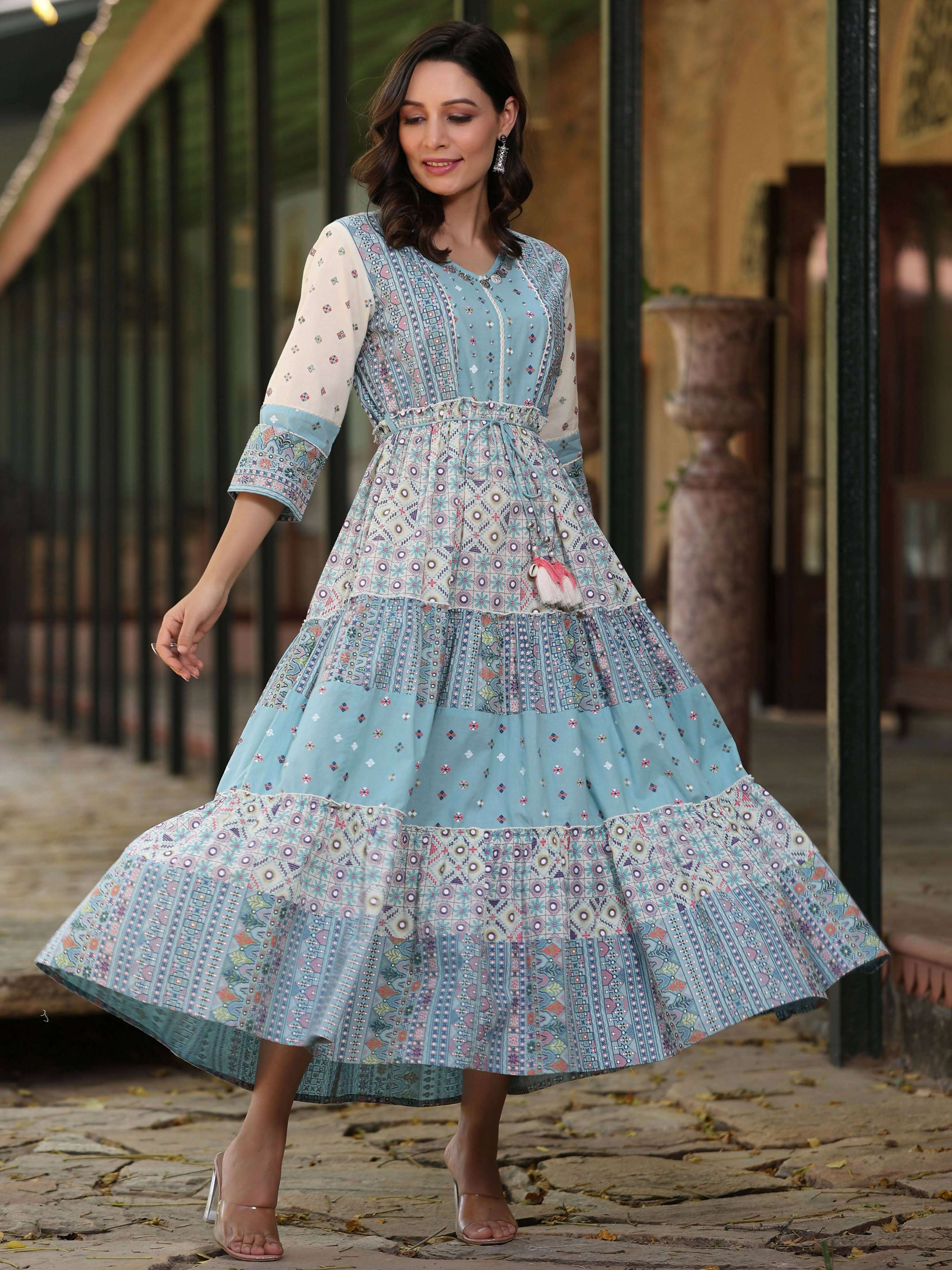 Juniper Women's Blue Cotton Cambric Geometric Printed Tiered Maxi Dress | Grocsy