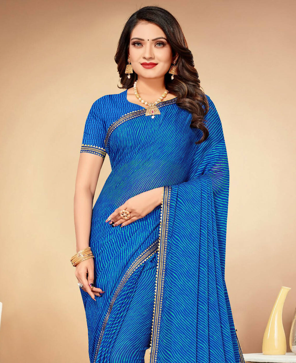 Blue Chiffon Leheriya Printed Saree With Unstitched Blouse Piece - Swarna | Grocsy