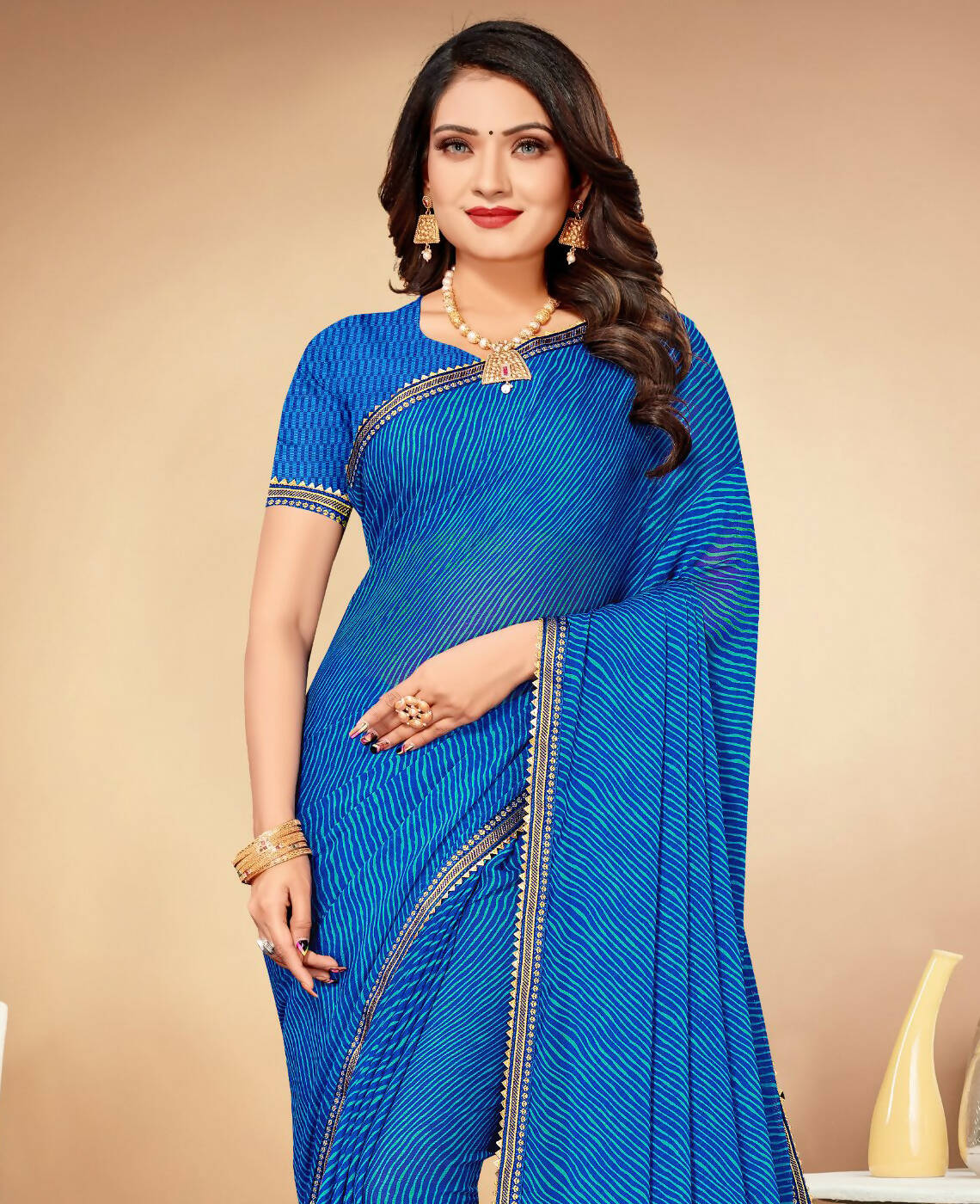 Blue Chiffon Leheriya Printed Saree With Unstitched Blouse Piece - Swarna | Grocsy