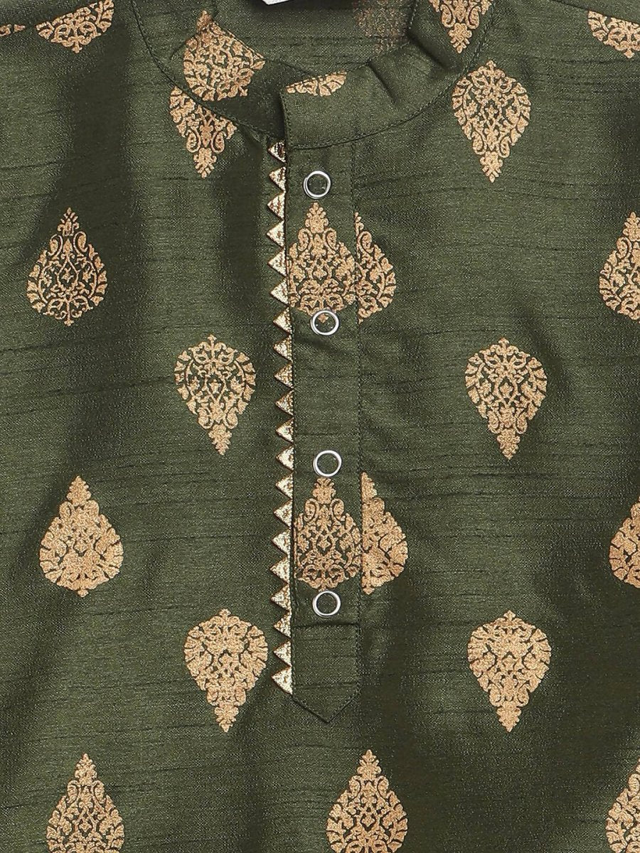 Ahalyaa Green Poly Silk Gold Print Kids Kurta Churidar Set For Boys | Grocsy
