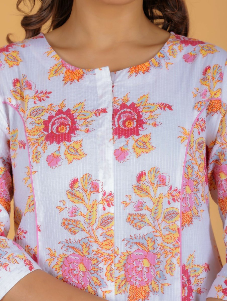 Aramya White Kantha Cotton Floral Print A-line Kurta Pant Set for Women | Grocsy