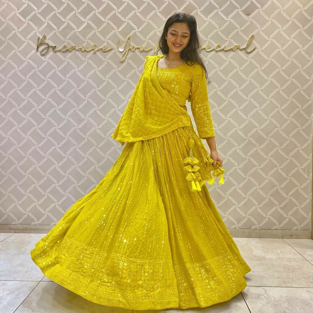 Jyoti Fashion Women's Yellow Faux Georgette 3MM Sequins Embroidered Designer Lehenga Choli Set | Grocsy