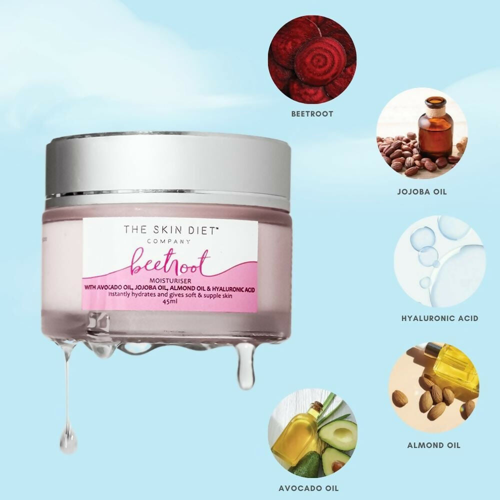 The Skin Diet Company Beetroot Moisturiser Lightweight, Non-Greasy - Dry/Oily Skin + Hyaluronic Acid | Grocsy
