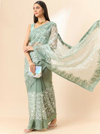 Green Organza Floral Embroidered Saree with Unstitched Blouse Piece - Roozal | Grocsy