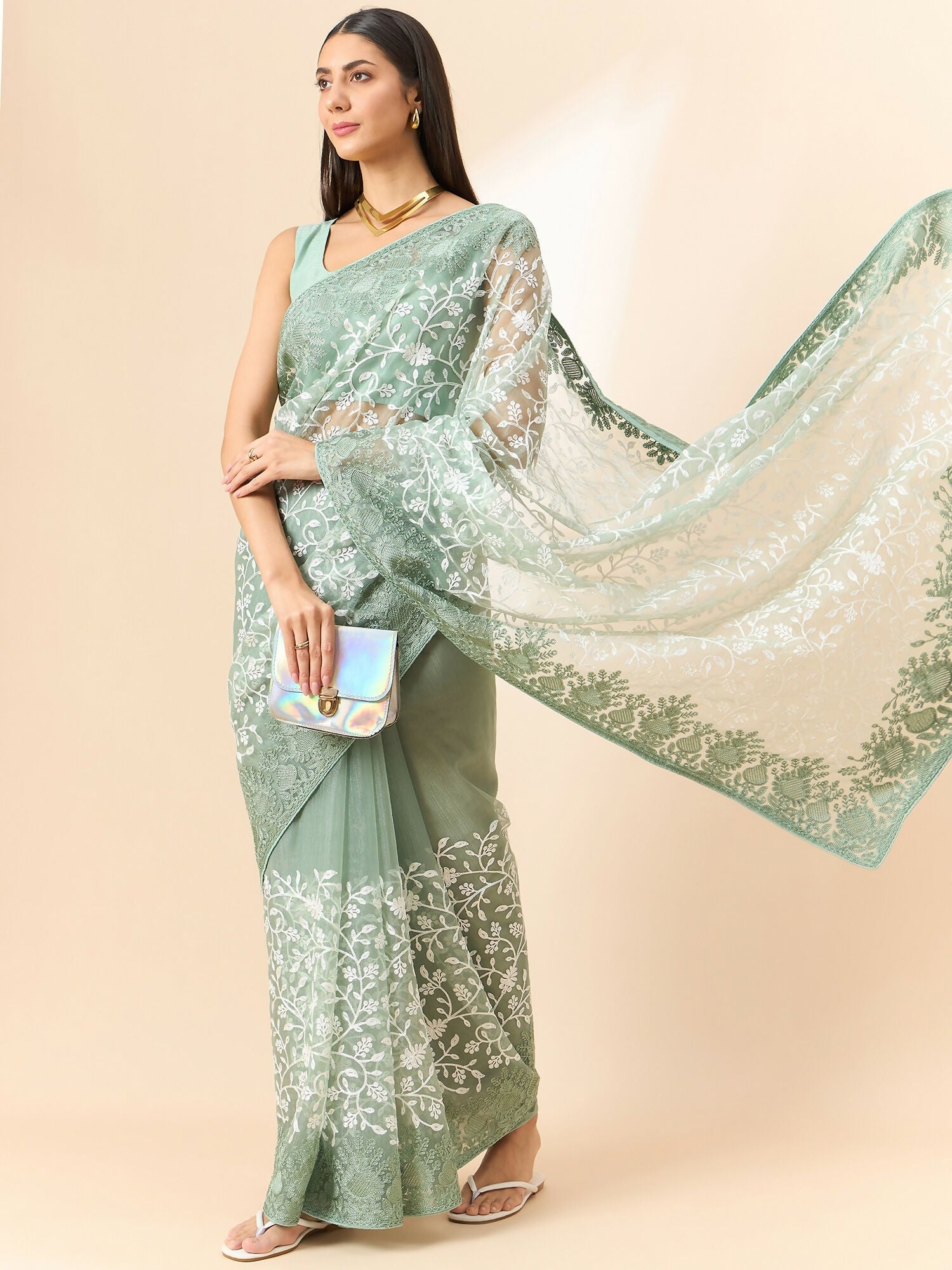 Green Organza Floral Embroidered Saree with Unstitched Blouse Piece - Roozal | Grocsy