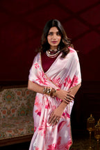 Vastranavya Baby Pink Satin Silk Floral Printed with Pearl Lace Saree with Unstitched Blouse | Grocsy