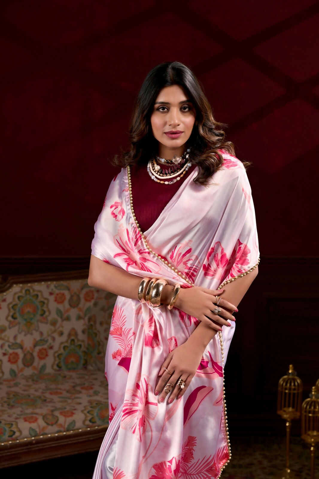 Vastranavya Baby Pink Satin Silk Floral Printed with Pearl Lace Saree with Unstitched Blouse | Grocsy