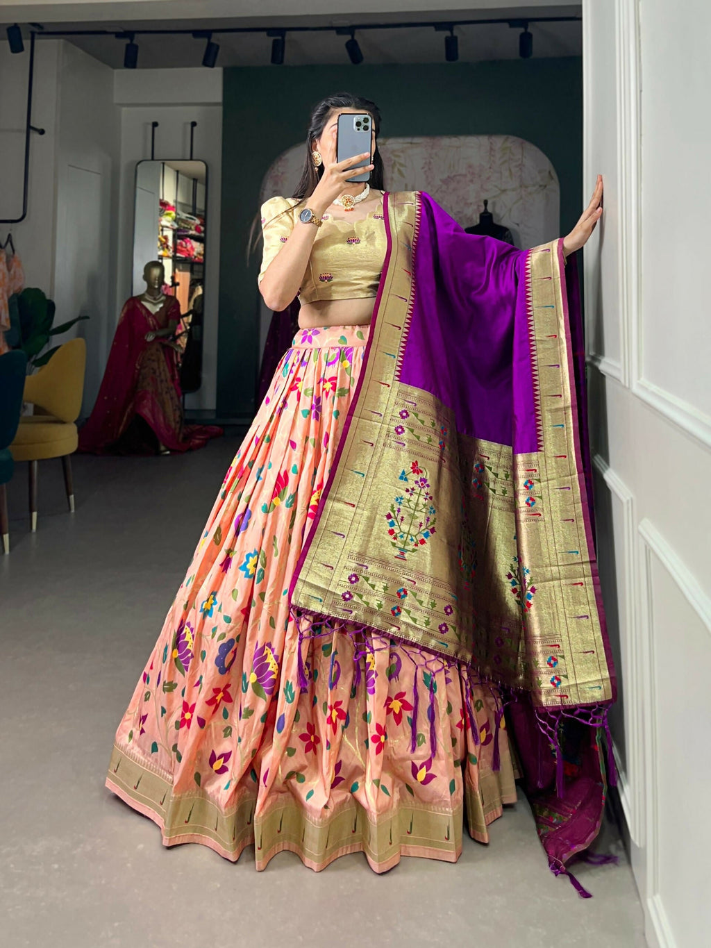 Vastranavya Traditional Jacquard Silk Paithani Lehenga Choli - Peach | Grocsy