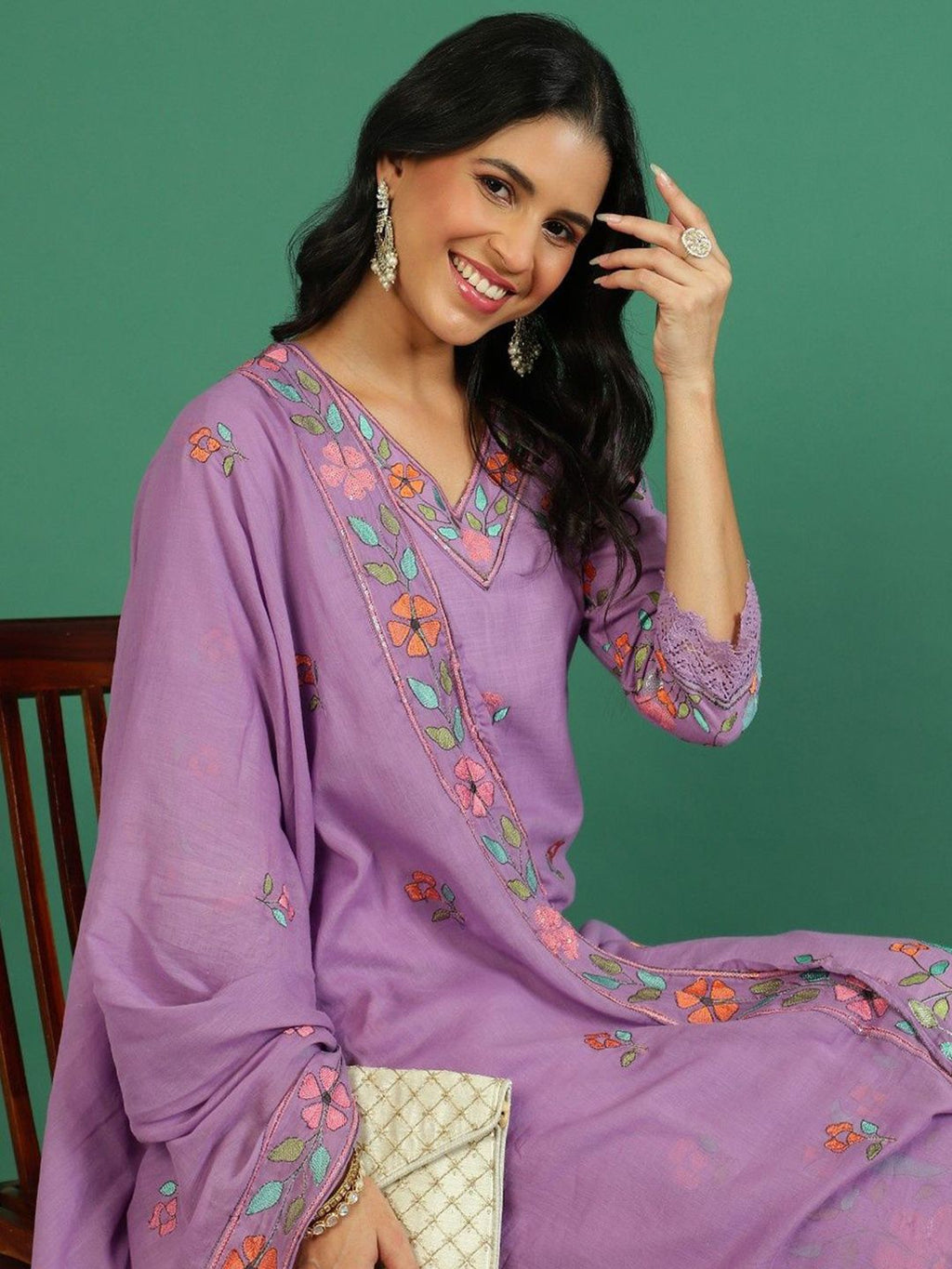 Sangria Embroidered V- Neck Kurta & Trousers With Dupatta | Grocsy
