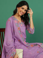 Sangria Embroidered V- Neck Kurta & Trousers With Dupatta | Grocsy