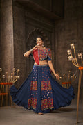 Blue Viscose Rayon Thread Embroidered Navratri Lehenga Choli with Dupatta - Raas | Grocsy