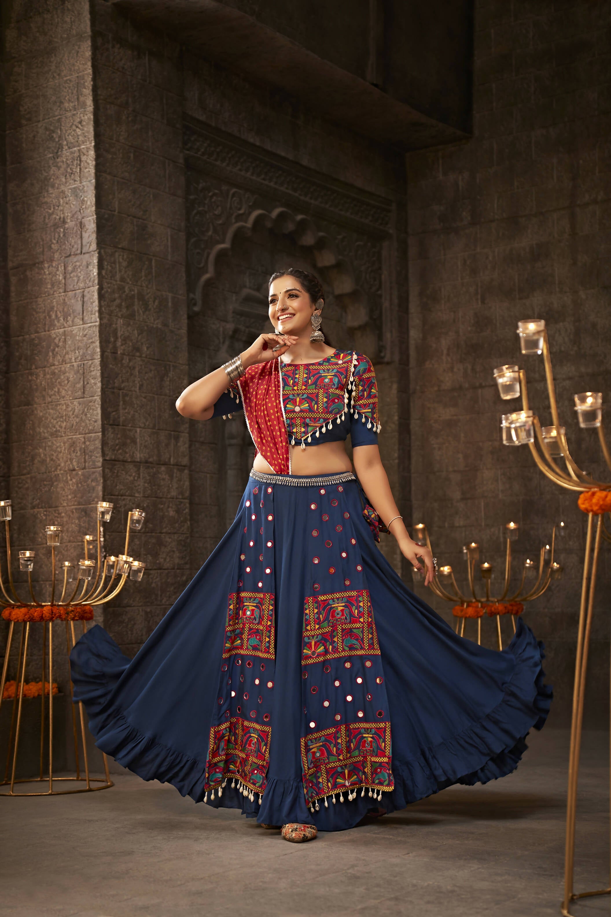 Blue Viscose Rayon Thread Embroidered Navratri Lehenga Choli with Dupatta - Raas | Grocsy